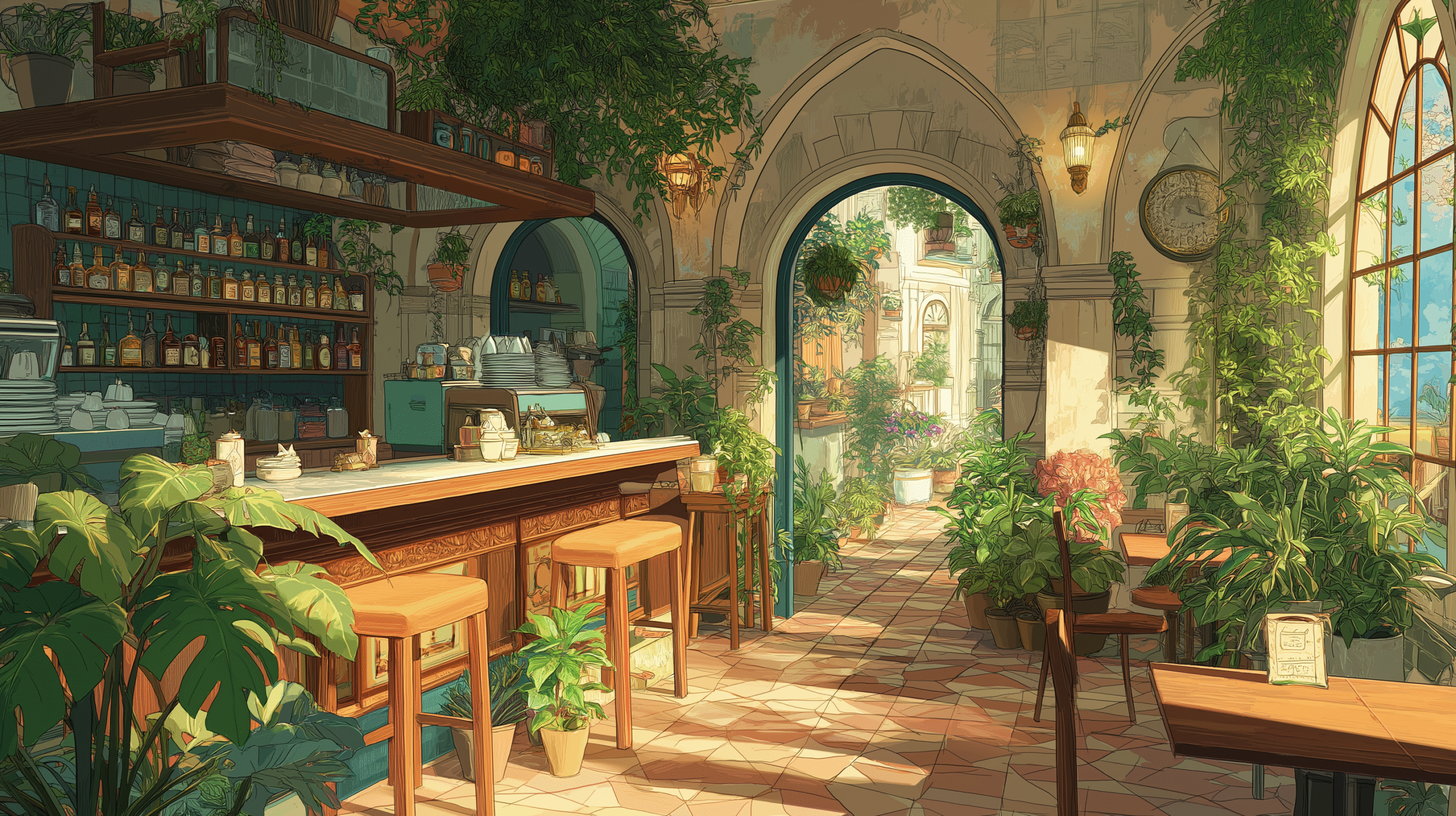 evolver2024_anime_style_coffee_shop._with_plants_and_classic_st_701ed6a3-6dcd-4d9b-9294-ff294ab8baf6